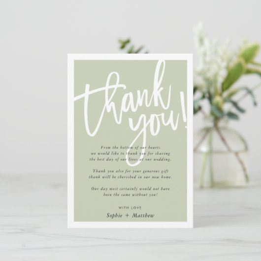 Invitation MARIAGE MERCI brosse texte écrit sauge vert (Debout devant)