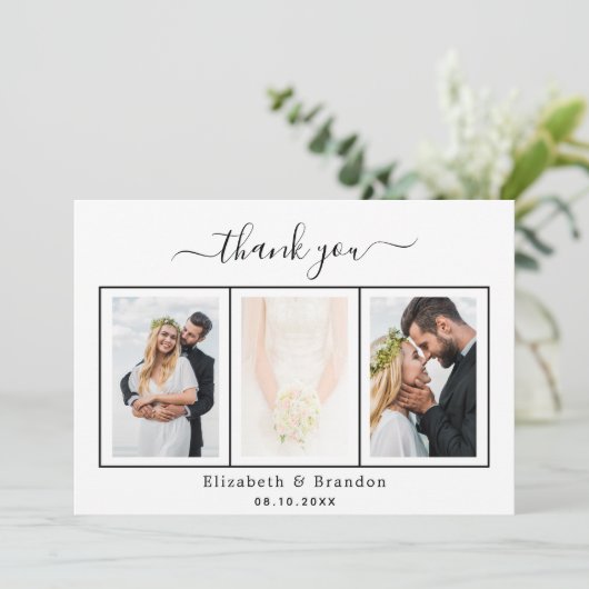 Invitation Mariage merci photo noir blanc script (Debout devant)