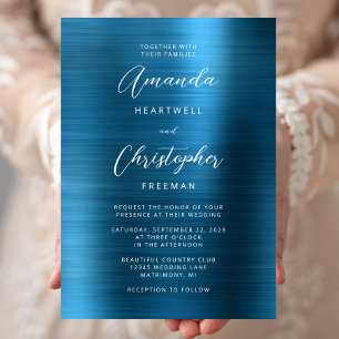 Invitation Mariage Métal Brossé Bleu Sarcelle Script