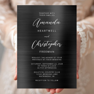 Invitation Mariage Métal Brossé Noir Script