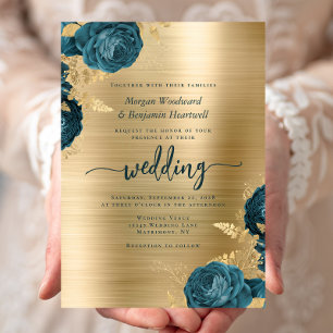 Invitation Mariage Métal Brossé Or Floral Bleu Canard
