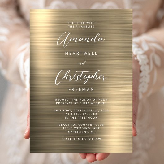 Invitation Mariage Métal Brossé Or Script