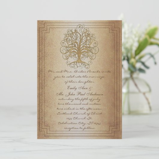 Invitation Mariage métallique Gold Swirl Tree (Debout devant)