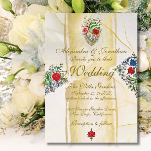 Invitation Mariage mexicain à cœur sacré baroque doré