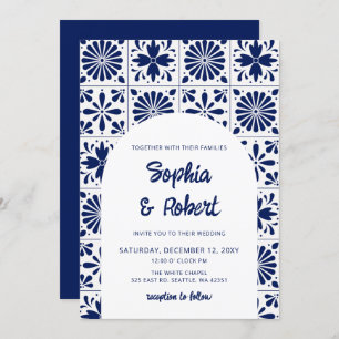 Invitation Mariage mexicain en carreaux de Talavera bleu