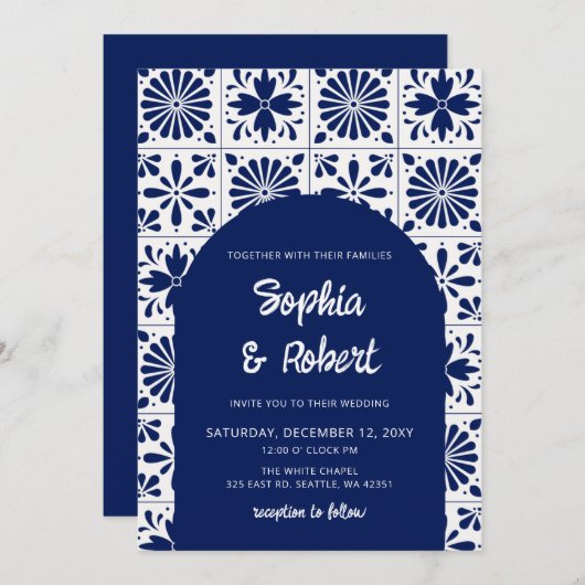 Invitation Mariage mexicain en carreaux de Talavera bleu (Devant / Derrière)