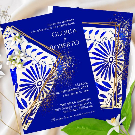 Invitation Mariage mexicain espagnol Talavera Blue Elegant