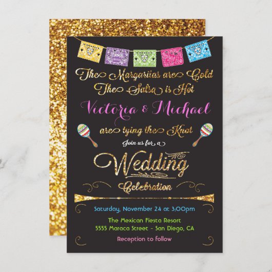 Invitation Mariage mexicain Fiesta Gold Parties scintillant i (Devant / Derrière)