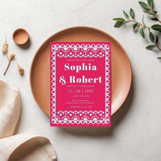 Invitation Mariage mexicain Fiesta Pink Papel Picado Boho