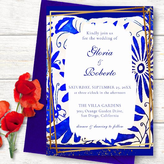 Invitation Mariage mexicain Talavera Bleu & Or