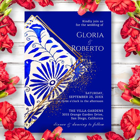 Invitation Mariage mexicain Talavera Blue Golden Elegant