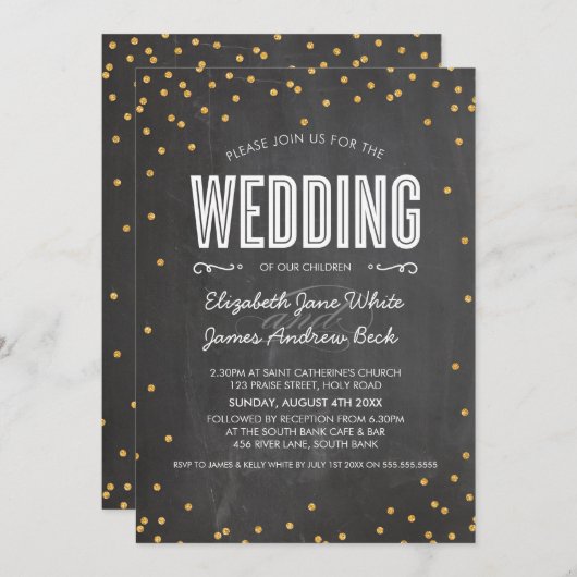 Invitation MARIAGE mignon parties scintillant en or confetti  (Devant / Derrière)