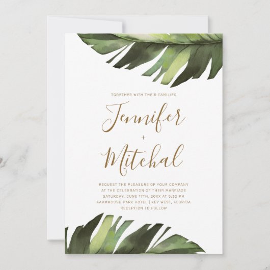 Invitation Mariage minimal à feuilles de palme tropicale flor (Devant)