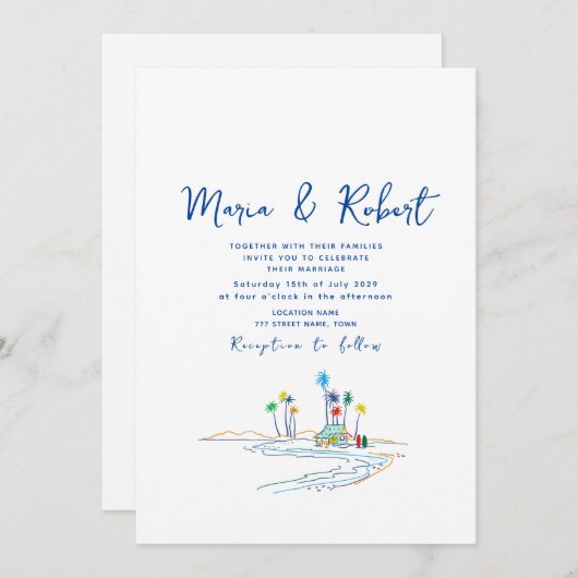 Invitation Mariage minimal à la plage tropicale (Devant / Derrière)