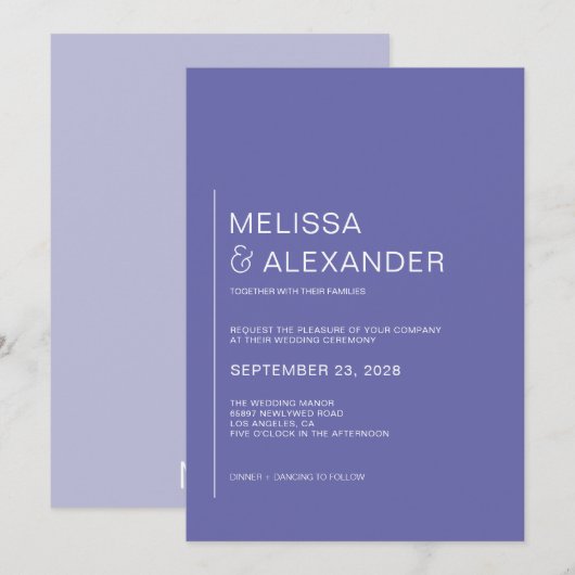 Invitation Mariage minimal chic blanc et bleu pervenche (Devant / Derrière)