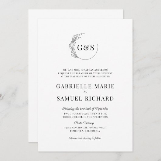 Invitation Mariage minimal de demi-couronne monogramme (Devant / Derrière)