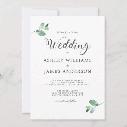 Invitation Mariage minimal de feuillage Eucalyptus à script c (Devant)