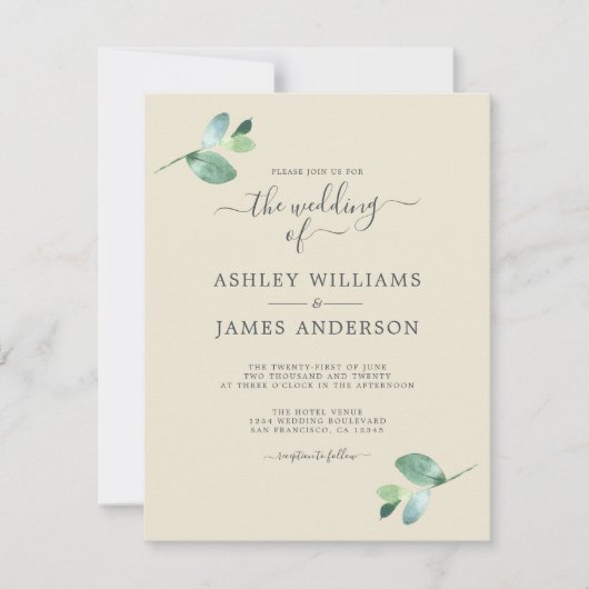 Invitation Mariage minimal de feuillage Eucalyptus à script c (Devant)