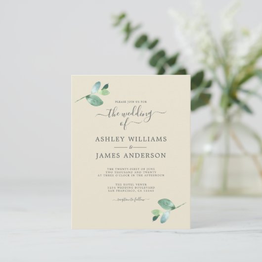 Invitation Mariage minimal de feuillage Eucalyptus à script c (Debout devant)