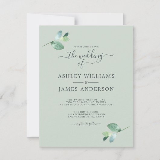 Invitation Mariage minimal de feuillage Eucalyptus à script c (Devant)