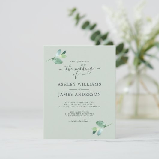 Invitation Mariage minimal de feuillage Eucalyptus à script c (Debout devant)