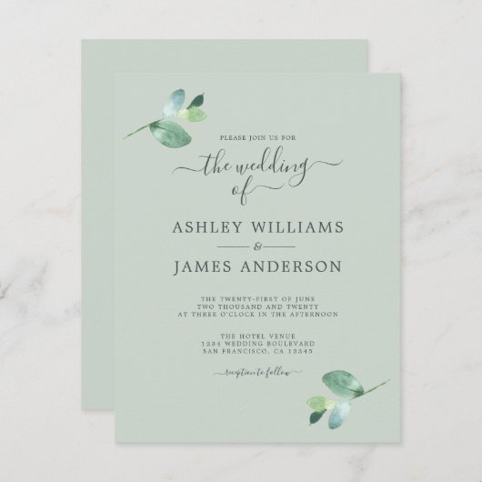 Invitation Mariage minimal de feuillage Eucalyptus à script c (Devant / Derrière)
