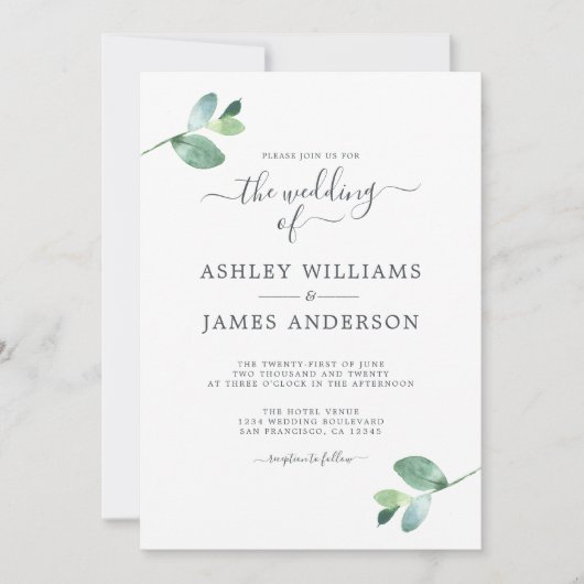 Invitation Mariage minimal de feuillage Eucalyptus à script c (Devant)