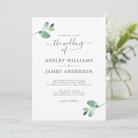 Invitation Mariage minimal de feuillage Eucalyptus à script c (Debout devant)