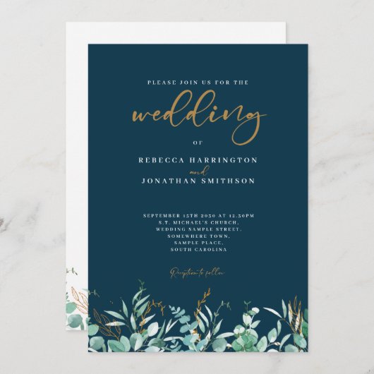 Invitation Mariage minimal de la marine aurifère Eucalyptus L (Devant / Derrière)