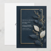 Invitation Mariage minimal de la marine et de la feuille d'or (Devant / Derrière)
