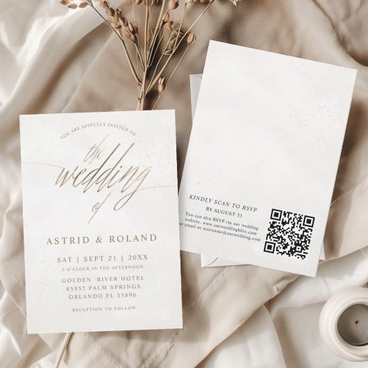 Invitation Mariage minimal de luxe avec QR Code or et beige