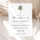 Invitation Mariage minimal de palmiers<br><div class="desc">Invitations tropicales à un mariage avec une seule illustration de palmier en haut de l'invitation. Personnalisez le mariage des palmiers invite avec vos noms et détails mariages en lettres noires avec un script moderne écrit à la main accusant le design. La simple invitation de mariage tropicale se retourne pour montrer...</div>
