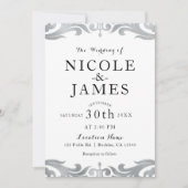 Invitation Mariage minimal élégant chic damassé argent et bla (Devant)