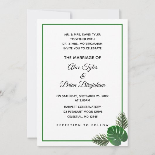 Invitation Mariage minimal moderne de verdure tropicale (Devant)