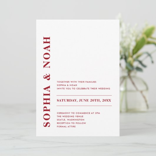 Invitation Mariage minimal moderne rouge & blanc élégant (Debout devant)