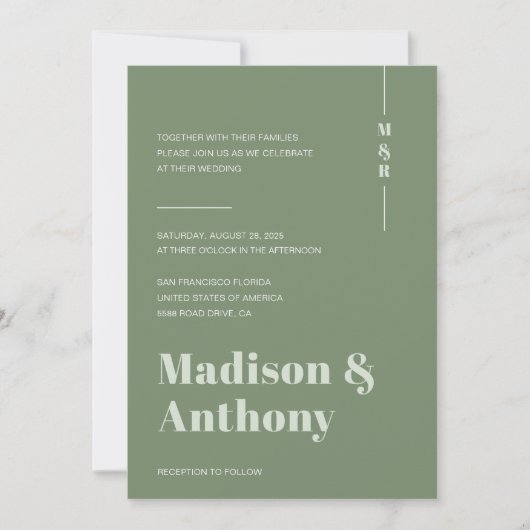 Invitation Mariage minimal monogramme vert Sage (Devant)