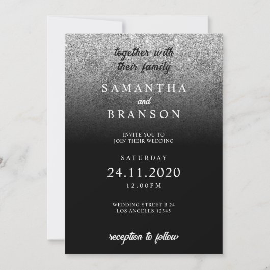 Invitation Mariage minimal parties scintillant Silver (Devant)