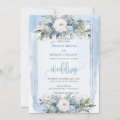 Invitation Mariage minimal Pastel Bleu Peonies d'argent blanc (Devant)