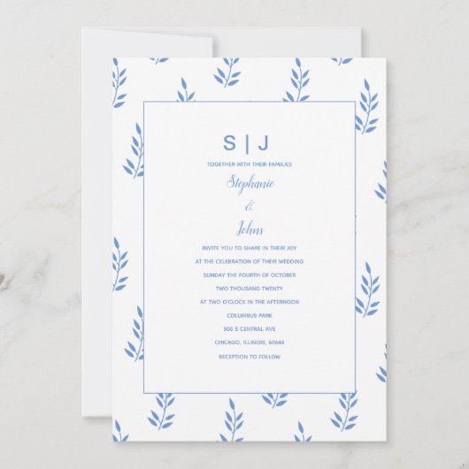 Invitation Mariage minimal pour le monogramme de feuille bleu (Devant)