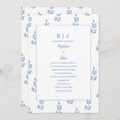 Invitation Mariage minimal pour le monogramme de feuille bleu (Devant / Derrière)