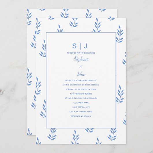 Invitation Mariage minimal pour le monogramme de feuille bleu (Devant / Derrière)