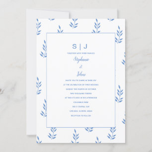 Invitation Mariage minimal pour le monogramme de feuille bleu
