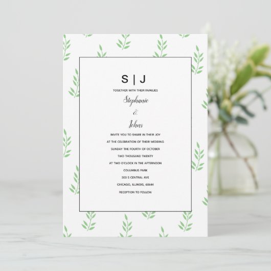 Invitation Mariage minimal pour le monogramme vert des feuill (Debout devant)