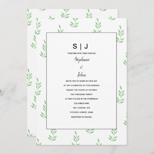 Invitation Mariage minimal pour le monogramme vert des feuill (Devant / Derrière)