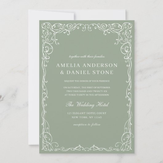 Invitation Mariage minimal QR Code Sage Green (Devant)
