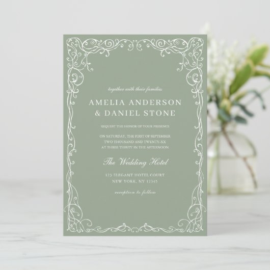 Invitation Mariage minimal QR Code Sage Green (Debout devant)