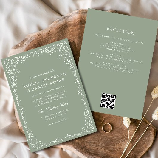 Invitation Mariage minimal QR Code Sage Green