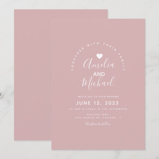 Invitation Mariage Minimal Simple Rose Pâle Coeur (Devant / Derrière)