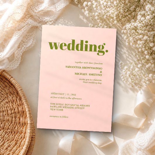 Invitation Mariage Minimal Terre Ton Rose Vert Moderne