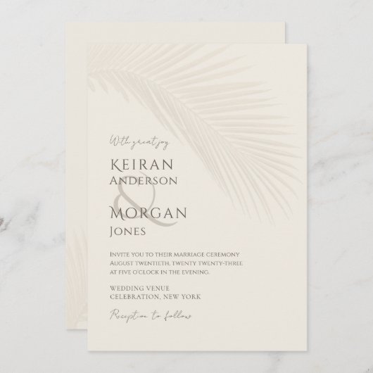 Invitation Mariage minimal Tropical Palm Leaf Boho Beach (Devant / Derrière)